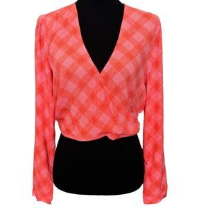 New BP. BP NORDSTROM ~ Pink-/Red Ian Bias Plaid Surplice V-neck Crop Top Size S